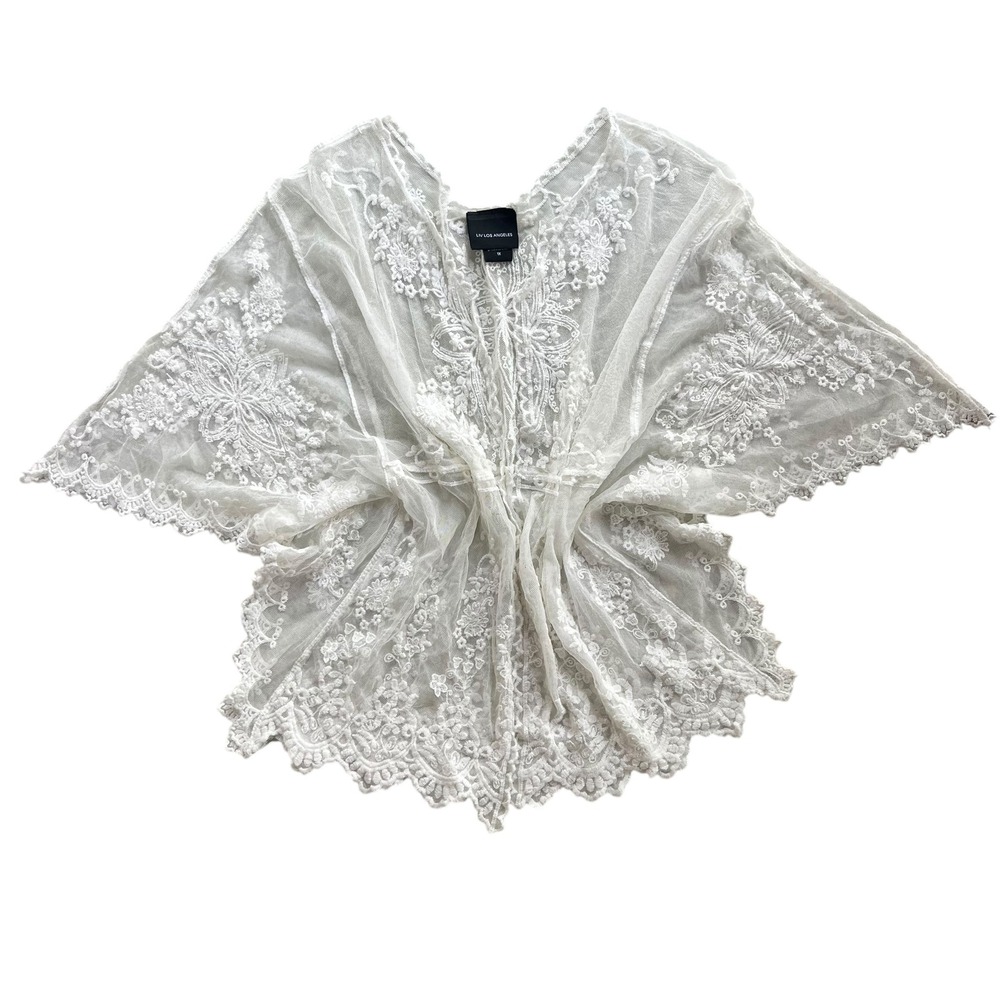 LIV LOS ANGELES Women's 1X White Lace Kimono Kaftan Cover Up Boho Festival Bride